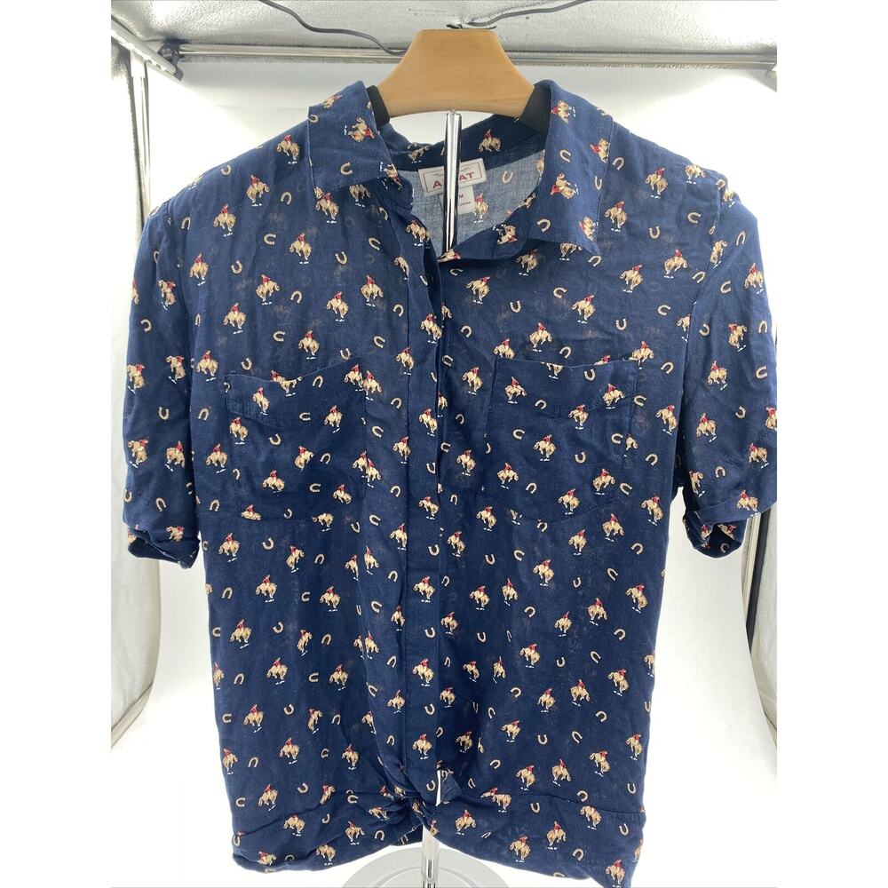 ARIAT Button Up Front Tie Shirt Sage Bronco Riding Print Women's Size M